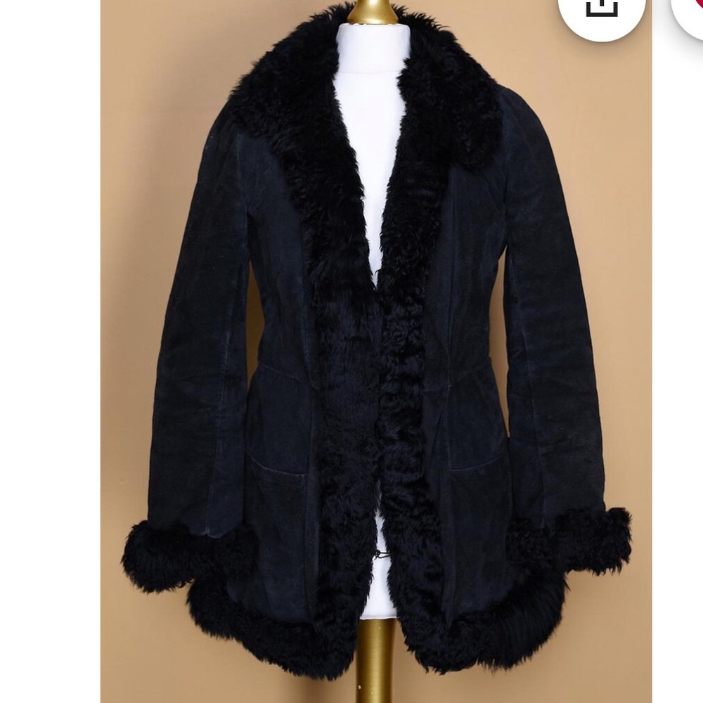 100% Real Suede Jacket with Sheepskin Fur Trim Shearling Coat